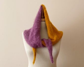 Bufanda con capucha de mohair tejida a mano: chal de punto bicolor, abrigo esponjoso