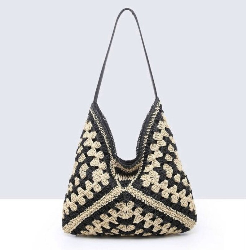 Knitted Paper Yarn Bag Black and White Paper Bag Crochet Etsy