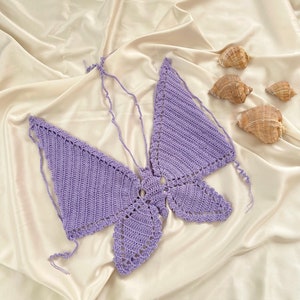 Butterfly Crochet Top, Handknit Purple Top, Halter Crop top, Y2k Crochet Butterfly Festival Top