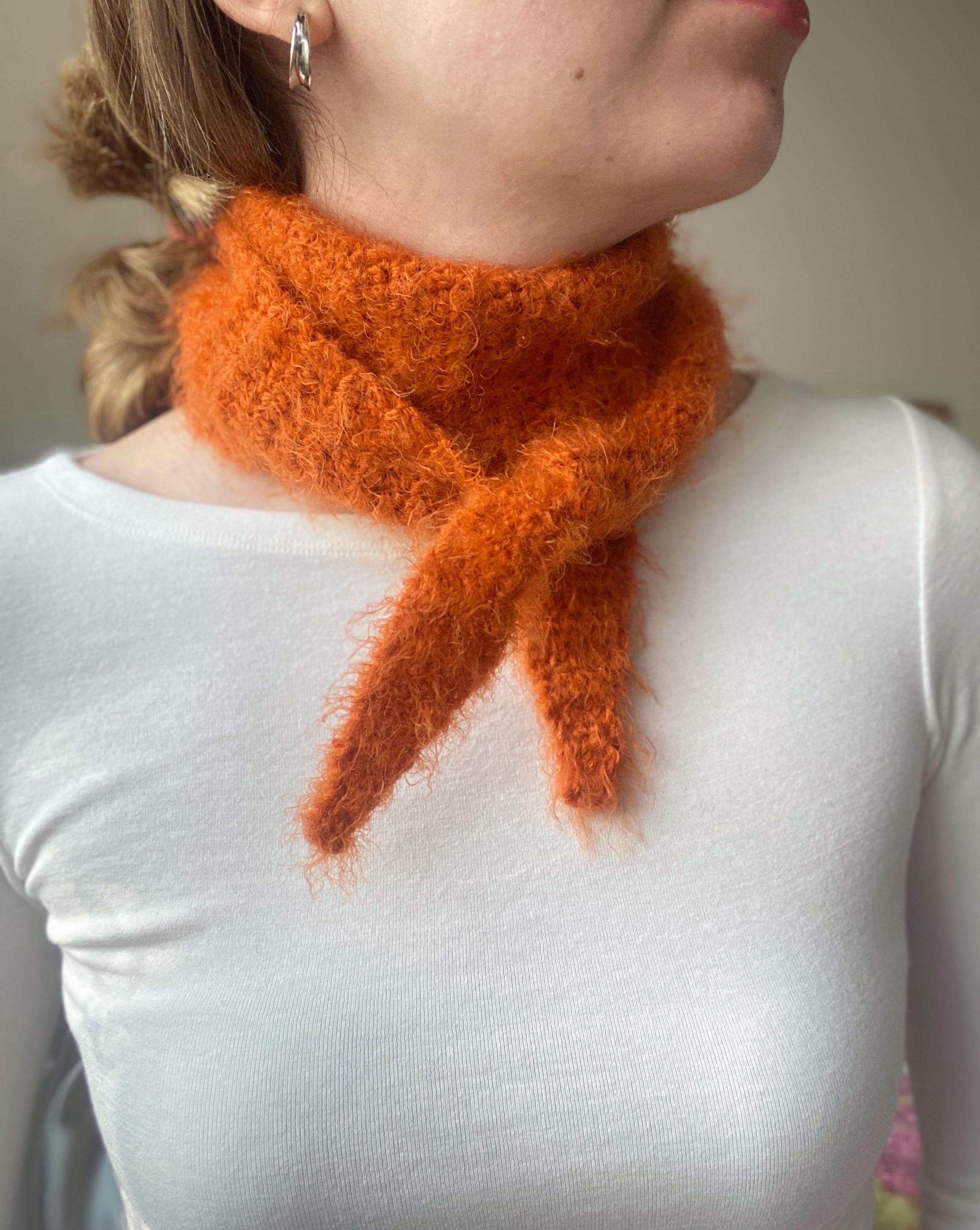 Hand Knit Orange Neckerchief: Small Skinny Scarf, Unisex Cozy