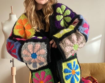Crochet Cardigan, Granny Square Jacket for Women, Granny Square Cardigan, Crochet Floral Jacket, Handknit Oversize Cardigan