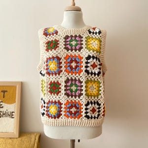 Crochet Vest, Granny Square Vest, Colorful Handmade Vest, Vintage Style Crochet Sweater, Chunky Sweater, Bohemian Granny Square Vest