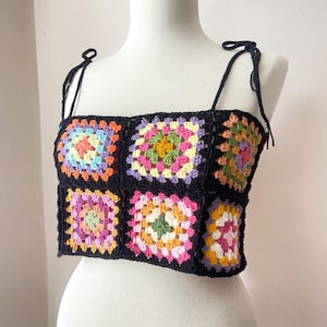 Crochet CropTop, Granny Square Top, Multicolor Top, Festival Top, Black Handknit Crop Top, Crochet Tank Top