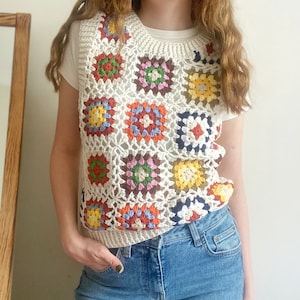 Crochet Vest, Granny Square Vest, Colorful Knit Vest, Handknit Sweater, Cute Vest, Gift for Her
