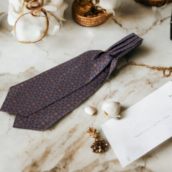 Cravate ascot personnalisée, lavallière foulard, cravate de notaire homme, cravate en soie bleu Astet, cadeau Saint-Valentin personnalisé