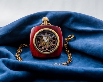 Montre personnalisée Gousset, montre de poche, montre mécanique bois rouge Nautilus, cadeau anniversaire, cadeau saint valentin personnalisé