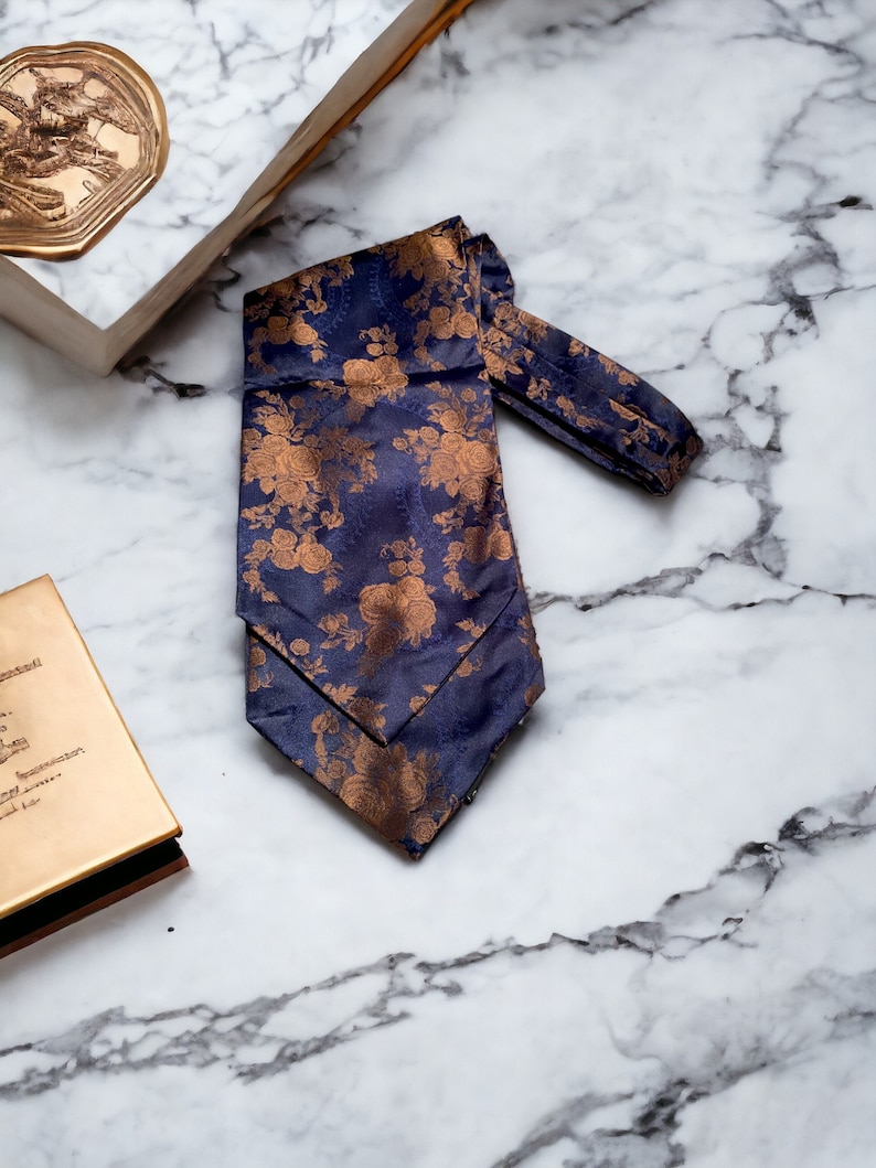 Cravate ascot personnalisée, lavallière foulard, cravate de notaire homme, cravate en soie bleu or Libra, cadeau Saint-Valentin personnalisé Sans