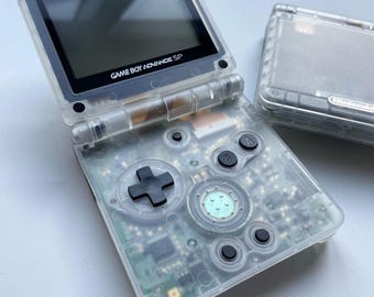 Clear Nintendo Game Boy GameBoy Advance SP Refurbished Console GBA SP Backlit ips v2 x10 Level Screen 900mAh Battery, Boxed & Charger.