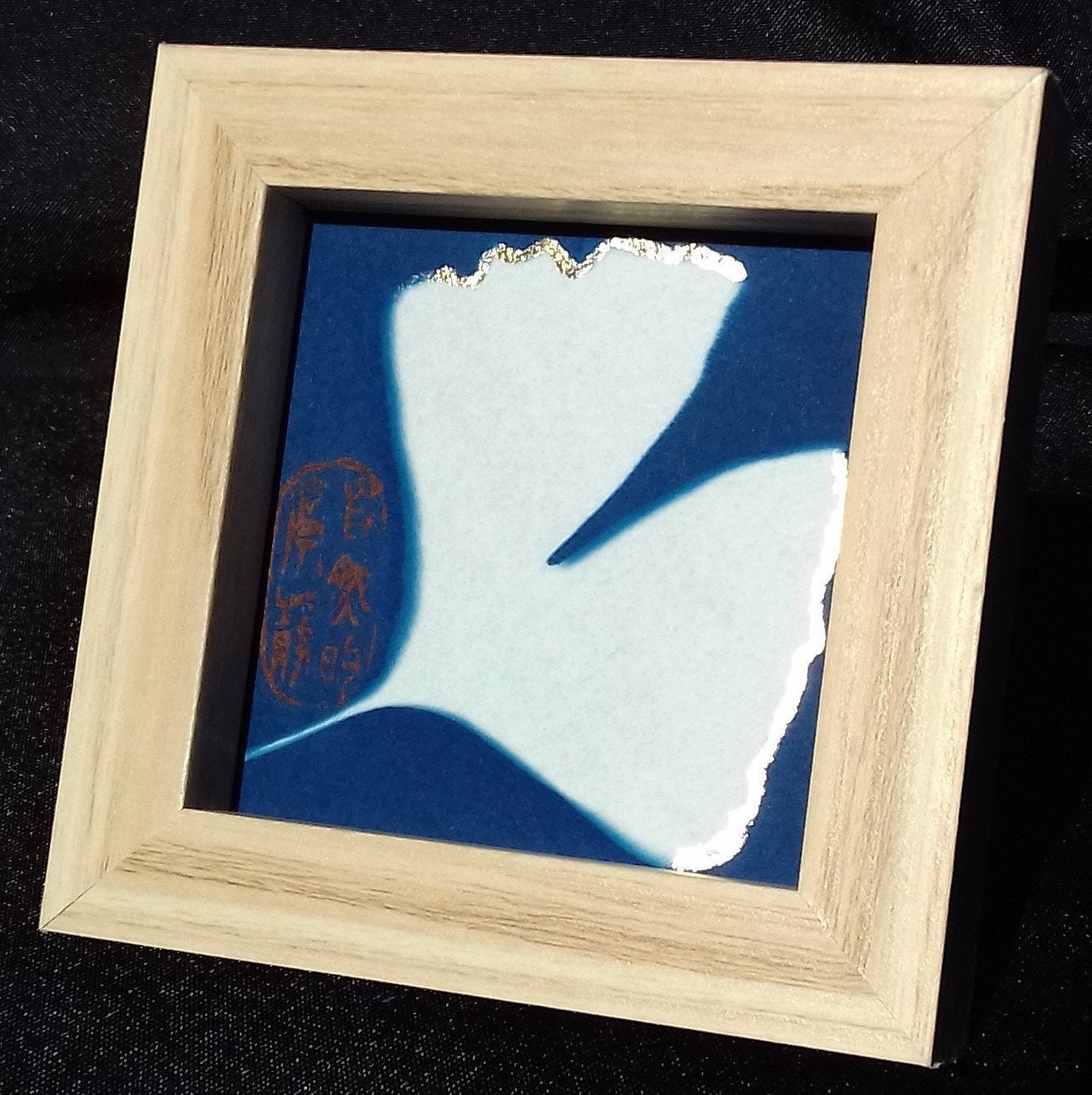 Mini-Cyanotype de Feuille d'arbre Aux Quarante Écus | Ginko Biloba Rehaussé d'une Dorure