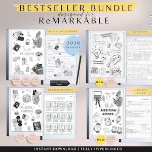 May include: A digital planner bundle designed for ReMarkable tablets. The image showcases several digital notebooks with hand-drawn illustrations, including a 2026 planner, reading journal, and meeting notes. The bundle is fully hyperlinked and available for instant download.
