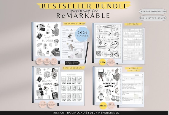 Remarkable Bestseller Bundle, Remarkable Planner 2026 Notebook, Remarkable Meeting Notes, Remarkable Templates, Remarkable Reading Journal