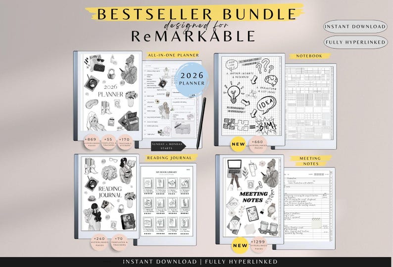 May include: A digital planner bundle designed for ReMarkable tablets. The image showcases several digital notebooks with hand-drawn illustrations, including a 2026 planner, reading journal, and meeting notes. The bundle is fully hyperlinked and available for instant download.