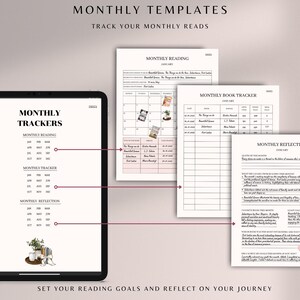 May include: A digital tablet displaying a printable monthly reading tracker with sections for monthly reading, monthly tracker, and monthly reflection. The text "MONTHLY TRACKERS" is at the top of the page. The text "SET YOUR READING GOALS AND REFLECT ON YOUR JOURNEY" is at the bottom of the page.