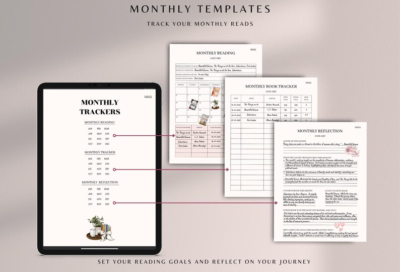 May include: A digital tablet displaying a printable monthly reading tracker with sections for monthly reading, monthly tracker, and monthly reflection. The text "MONTHLY TRACKERS" is at the top of the page. The text "SET YOUR READING GOALS AND REFLECT ON YOUR JOURNEY" is at the bottom of the page.