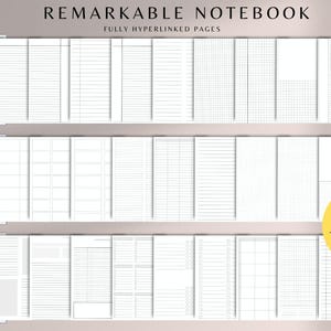 May include: A digital notebook with various page templates, including lined, grid, and blank pages. The image displays the text "REMARKABLE NOTEBOOK" and "FULLY HYPERLINKED PAGES". A yellow circle indicates "+66 DIFFERENT TEMPLATES".