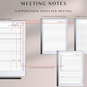 May include: Digital meeting notes template with 6 linked pages per meeting. Includes a summary page, 2 lined pages, 2 grid pages, and 1 actions page. The text "MEETING NOTES" is at the top.