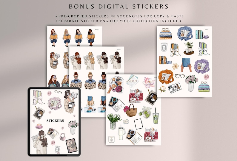 May include: A set of digital stickers featuring illustrations of women reading books, coffee cups, flowers, and other book-themed elements. The stickers are pre-cropped for use in Goodnotes and come with separate PNG files for personal use.