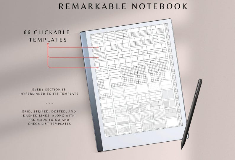 May include: A digital notebook with a white screen displaying various grid, striped, dotted, and checklist templates. The text "REMARKABLE NOTEBOOK" is at the top. A black stylus rests beside the notebook. The text reads "66 CLICKABLE TEMPLATES".