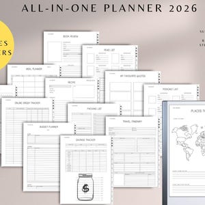 May include: An all-in-one planner for 2026 with over 55 templates and trackers. The planner includes sections for book reviews, meal planning, budget tracking, and travel itineraries. A digital tablet displays a world map. A stylus pen is included.