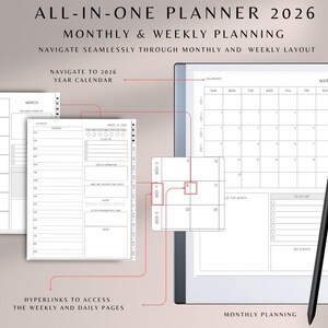 May include: Digital planner for 2026 with monthly and weekly layouts. The image shows a digital tablet with a calendar view, a stylus, and linked pages for daily and weekly planning. The planner includes a year calendar and hyperlinks for easy navigation.