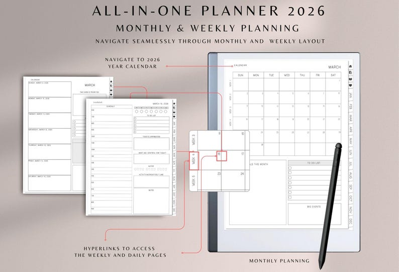 May include: Digital planner for 2026 with monthly and weekly layouts. The image shows a digital tablet with a calendar view, a stylus, and linked pages for daily and weekly planning. The planner includes a year calendar and hyperlinks for easy navigation.