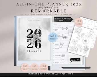 Planificador 2026 diseñado para Remarkable, Planificador Remarkable Paper Pro, Planificador diario 2026, Planificador Remarkable 2, Plantillas Remarkable 2, Ink