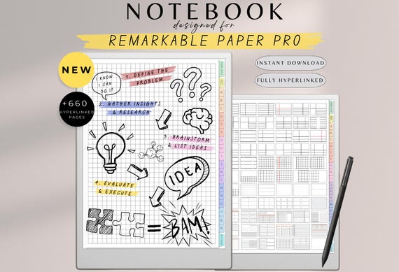 Notebook designed for Remarkable Paper Pro, Remarkable Paper Pro Templates, Remarkable Templates, Hyperlinked Notebook, Remarkable Notes,Ink