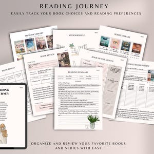 May include: A set of printable reading journal pages in a pink and white colour scheme. The pages include sections for book reviews, reading summaries, book of the month, and series book reviews. The pages are designed to help readers track their book choices and reading preferences.