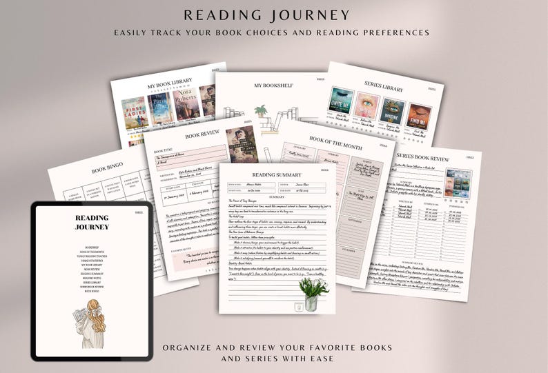 May include: A set of printable reading journal pages in a pink and white colour scheme. The pages include sections for book reviews, reading summaries, book of the month, and series book reviews. The pages are designed to help readers track their book choices and reading preferences.