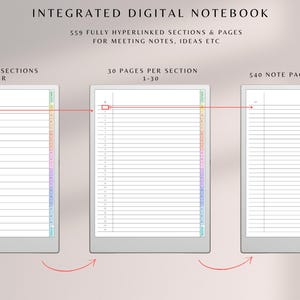 May include: A digital notebook with 18 sections, 30 pages per section, and 540 pages in total. The notebook is designed for taking notes, ideas, and meeting notes. The pages are lined and have a rainbow color gradient on the side.