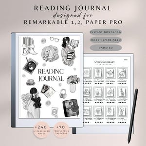 Puede incluir: Diario de lectura digital diseñado para tabletas Remarkable 1, 2 y Paper Pro. La imagen muestra una interfaz de diario de lectura con ilustraciones de libros y accesorios de lectura. El texto dice "READING JOURNAL". Incluye +240 páginas con hipervínculos y +70 plantillas y rastreadores.