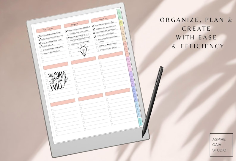 May include: A digital planner with a pink and white color scheme. The planner has a to-do list, urgent tasks, and work on sections. The planner also has a motivational quote that says "You can do all you will".