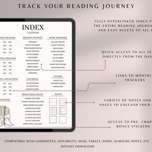 May include: A digital planner for tracking your reading journey. The planner includes a calendar, monthly reading trackers, book trackers, and a section for notes and doodles. The planner is compatible with Goodnotes, Notability, and other note-taking apps.
