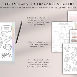 May include: A digital tablet with a stylus pen, displaying a set of 140 black and white printable planner stickers. The stickers include various shapes, such as stars, speech bubbles, and lightning bolts. The text on the tablet reads "+140 INTEGRATED TRACABLE STICKERS" and "PERSONALISE YOUR PLANNER WITH TRACABLE STICKY NOTES, QUOTES, STRIPES ETC".