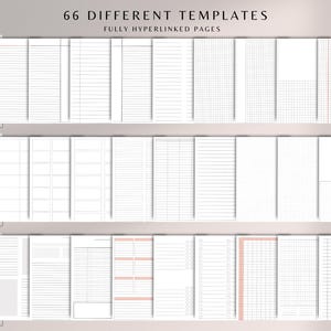 May include: A collection of 66 different printable planner templates. The templates feature various grid, lined, and blank page layouts. The text "66 DIFFERENT TEMPLATES" and "FULLY HYPERLINKED PAGES" is displayed at the top of the image.