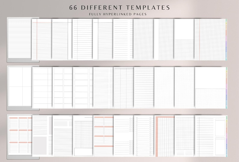 May include: A collection of 66 different printable planner templates. The templates feature various grid, lined, and blank page layouts. The text "66 DIFFERENT TEMPLATES" and "FULLY HYPERLINKED PAGES" is displayed at the top of the image.