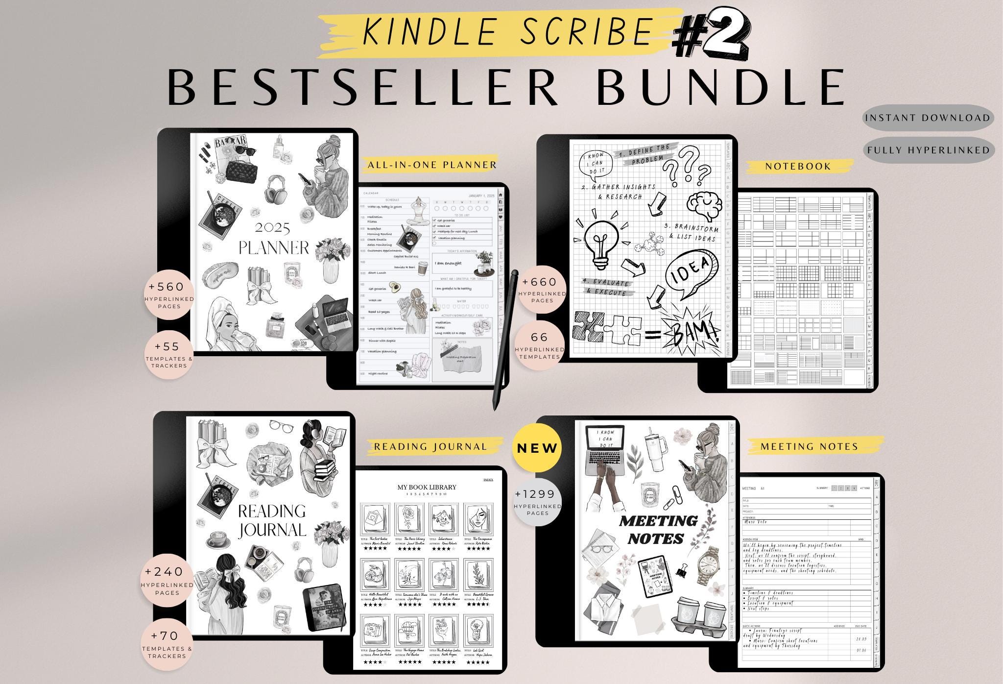 Kindle Scribe Bestseller Bundle, Kindle Scribe Planner 2025, Kindle Scribe Meeting Notes, Kindle Scribe Templates, Notebook, Reading Journal