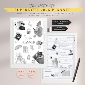 Op de afbeelding: Een digitale planner voor Supernote-apparaten. De afbeelding toont een Supernote-apparaat met een 2026-plannerindeling, met illustraties en de tekst "The Ultimate SUPERNOTE 2026 PLANNER". Bevat +867 hyperlinked pagina's en +385 sjablonen en trackers.
