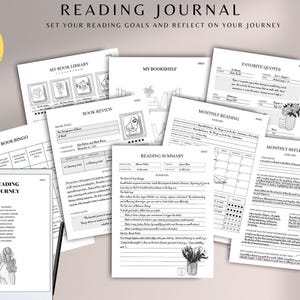 May include: A collection of black and white printable reading journal pages. The pages include templates for book reviews, monthly reading logs, and quote pages. The journal also includes a digital tablet with the words "Reading Journey".