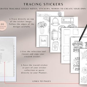 May include: Digital tracing stickers with 170 integrated tracable sticky notes, stickers, and words. The image shows a digital tablet with instructions and examples of stickers, including floral designs, travel-themed images, and inspirational quotes.