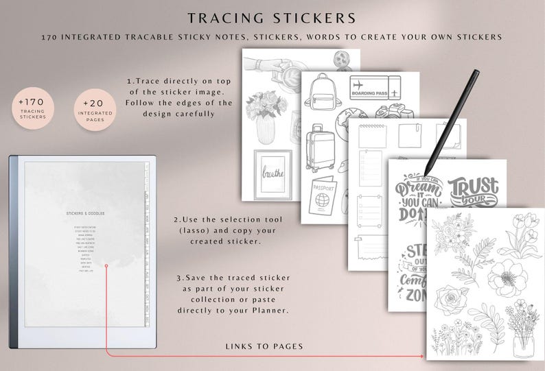 May include: Digital tracing stickers with 170 integrated tracable sticky notes, stickers, and words. The image shows a digital tablet with instructions and examples of stickers, including floral designs, travel-themed images, and inspirational quotes.