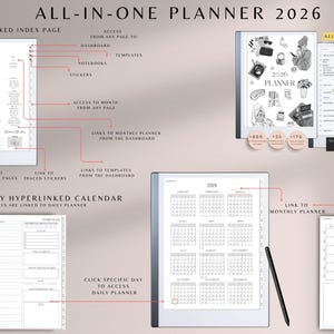 May include: An all-in-one digital planner for 2026, featuring a fully hyperlinked index page, calendar, and monthly planner. Includes access to templates, notebooks, and stickers. The planner is designed for easy navigation and daily planning.