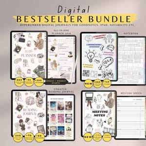 May include: Digital Bestseller Bundle featuring digital journals for GoodNotes, iPad, and Notability. Includes a 2026 planner, undated reading journal, notebook, and meeting notes. Each journal has templates and stickers.