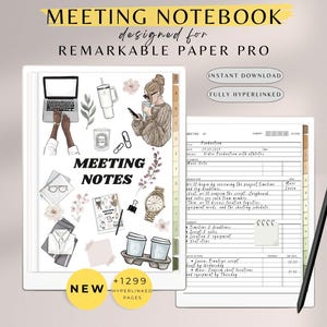 May include: Digital meeting notebook designed for Remarkable Paper Pro. The image shows a digital notebook with meeting notes, a laptop, coffee cups, and a pen. The notebook includes the text "MEETING NOTEBOOK" and "MEETING NOTES".