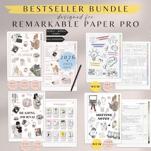 Puede incluir: Un paquete de planificador digital para Remarkable Paper Pro, con un planificador 2026, un diario de lectura y notas de reuniones. El paquete incluye más de 867 páginas, 380 plantillas y 170 rastreadores. Descarga digital.