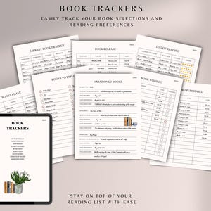 May include: A set of printable book trackers for organising reading lists, logging books read, and tracking book releases. The trackers include sections for "Books I Have", "Library Book Tracker", "Books to Explore", "Abandoned Books", "Book Wishlist", and "Books Purchased".
