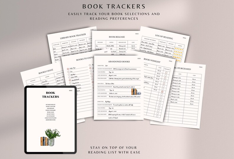 May include: A set of printable book trackers for organising reading lists, logging books read, and tracking book releases. The trackers include sections for "Books I Have", "Library Book Tracker", "Books to Explore", "Abandoned Books", "Book Wishlist", and "Books Purchased".
