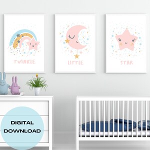 Set of 3, twinkle little star prints, stars and moon, nursery print, Bedroom decor, nursery printable wall art, kids room, DIGITAL DOWNLOAD