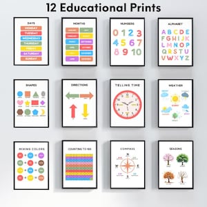 Posters éducatifs, lot de 12 affiches d'école à la maison, salle de jeux pour tout-petits, décoration de salle de classe Montessori, art mural éducatif, affiches préscolaires