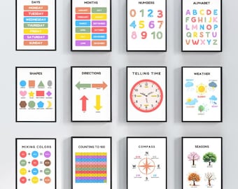 Educational Posters, Set Of 12 Homeschool Prints, Toddler Playroom, Montessori Classroom Decor, Educational Wall Art, Preschool Posters